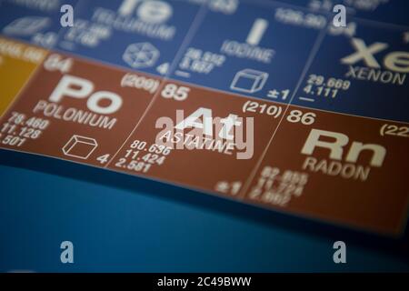 Astatine on the periodic table of elements Stock Photo