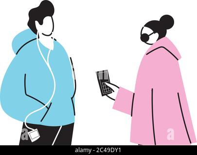 young couple using an electronic device vector illustration design Stock Vector