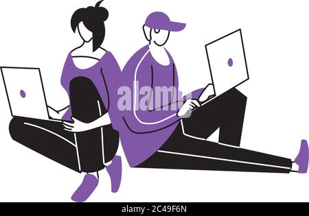 young couple using an electronic device vector illustration design Stock Vector