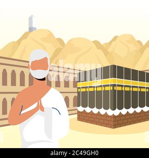 Hajj pilgrimage with man in kaaba scene vector illustration design Stock Vector