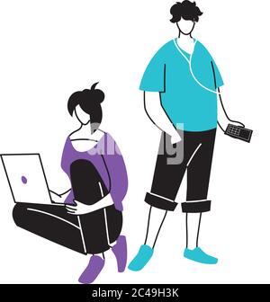 young couple using an electronic device vector illustration design Stock Vector