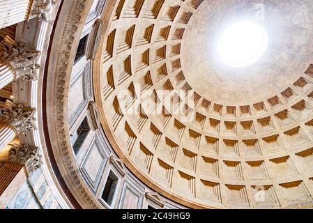 ROME, ITALY - MAY 05, 2019: Monumental ceiling of Pantheon - church and former Roman temple, Rome, Italy.