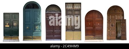 collage of old wooden doors isolated on white background. Italian old doors. Stock Photo