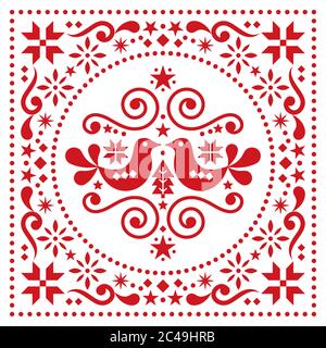 Christmas Scandinavian folk art vector greeting card pattern, sqaure floral decoration with Christmas trees, birds and flowers Stock Vector