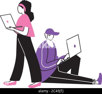 young couple using an electronic device vector illustration design Stock Vector