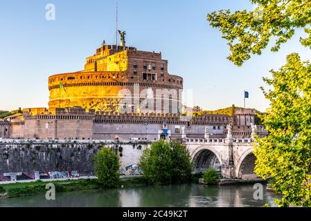 Castel Sant Angelo, or Mausoleum of Hadrian, reflected in Tiber River in Rome, Italy. Stock Photo