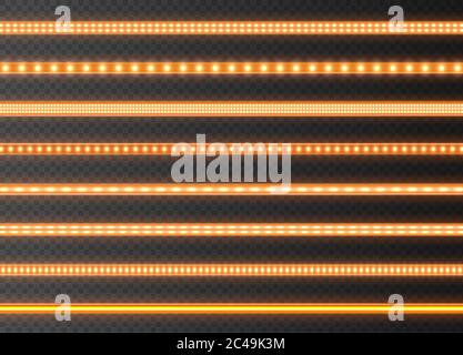 Orange LED strips collection, bright luminous ribbons isolated on a transparent background. Realistic neon garlands. Stock Vector