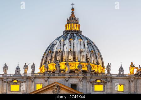 Dome of St Peters Basilica in Vatican City, Rome, Italy. Illuminated by night. Stock Photo