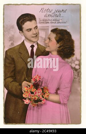 Early 1960's French sentimental tinted greetings card for young lovers, young couple together, dated 23 Nov. 1962, France Stock Photo