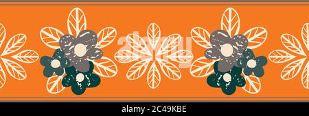 Vector border of stylized ornamental meadow leaves and bouquets of flowers. Seamless banner of hand drawn foliage and florals on orange backdrop with Stock Vector