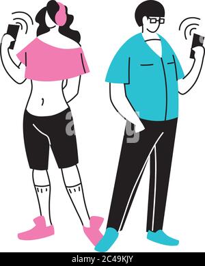 young couple using an electronic device vector illustration design Stock Vector