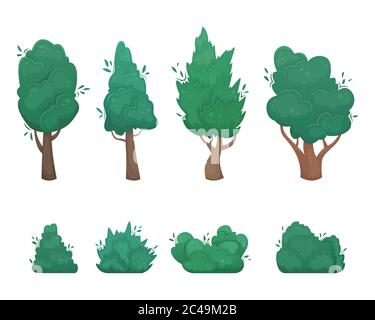 Set of 8 flat vector trees and bush in cartoon style. A set for creating your own design. Stock Vector