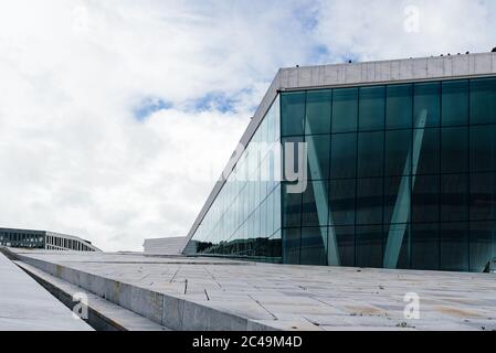 Oslo, Norway - August 11, 2019: Exterior view of Opera house in Oslo. New modern building designed by Snohetta architects. It is the National Theater Stock Photo