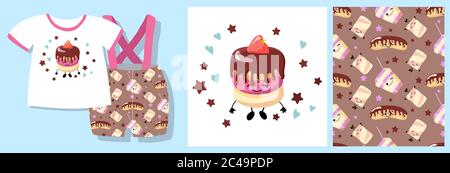 cake character. Sweets pattern seamless b. vector illustration. textile design. Stock Vector