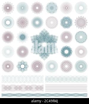 Set of Guilloche decorative elements. Vector illustration. Stock Vector