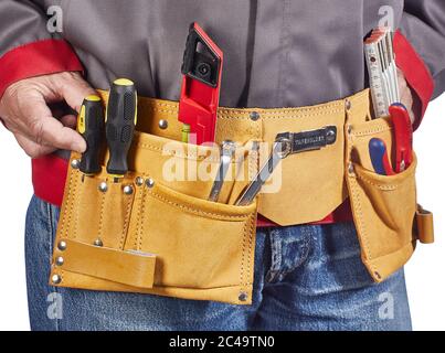 Close-up on worker's toolbelt isolated on white background Stock Photo
