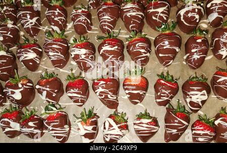 sweet strawberries dipped in white and dark chocolate and ready to eat Stock Photo