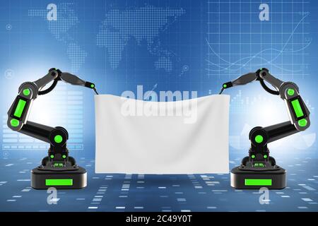 Blank poster supported by the robotic arms Stock Photo