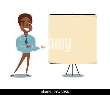 Happy smiling young black african american business man showing blank signboard, isolated on white background. Stock Vector