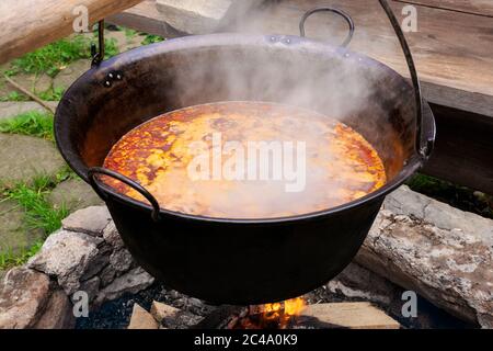 traditional hungarian bogracs goulash soup. cooking dish on open fire in a cauldron. preparing healthy food outdoors concept. popular european cuisine Stock Photo