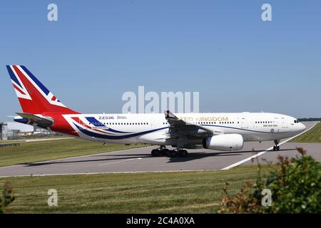 The RAF Voyager used by the Prime Minister and the royal family on the runway at Cambridge airport where it has been repainted in the colours of the Union flag at a cost of almost £1 million. Stock Photo