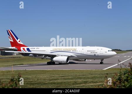 The RAF Voyager used by the Prime Minister and the royal family on the runway at Cambridge airport where it has been repainted in the colours of the Union flag at a cost of almost £1 million. Stock Photo