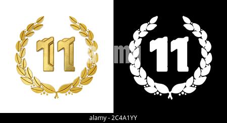 Gold number 11 (number eleven) with laurel branch with alpha channel. 3D illustration Stock Photo