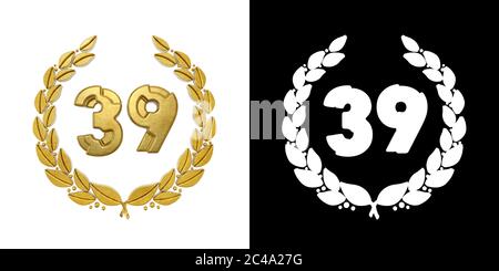 Gold number 39 (number thirty-nine) with laurel branch with alpha channel. 3D illustration Stock Photo