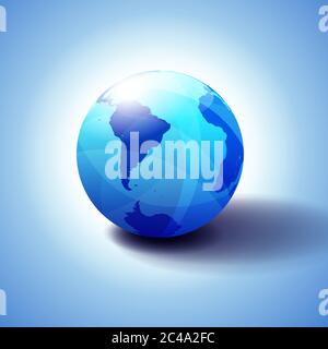 South America,South Pole and Africa Global World, Globe Icon 3D illustration, Glossy, Shiny Sphere with Global Map in Subtle Blues giving a transparen Stock Vector