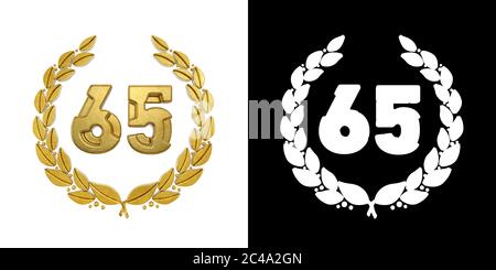 Gold number 65 (number sixty-five) with laurel branch with alpha channel. 3D illustration Stock Photo