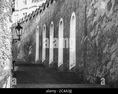 Castle stairs leading to Prague Castle, Hracany, Prague, Czech Republic Black and white image Stock Photo