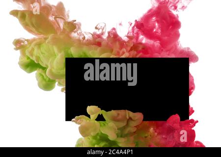 mockup empty board card and color splashes of ink in water isolated on white Stock Photo