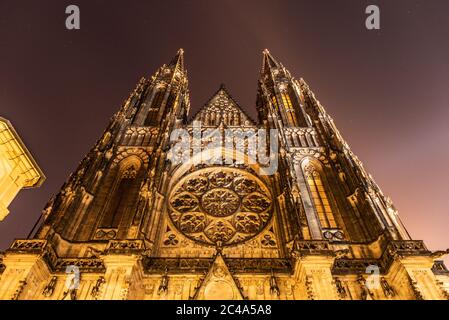 Front view of St. Vitus cathedral in Prague Castle by night, Prague, Czech Republic. Stock Photo