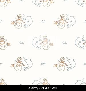 Seamless background mermaid and dolphin gender neutral baby pattern. Simple whimsical minimal earthy color. Kids nursery wallpaper or boho cartoon Stock Vector