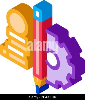 coin heap pen and mechanical gear isometric icon vector illustration Stock Vector