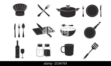 Kitchen or Restaurant icon set in black and white. Vector cutlery. Stock Vector