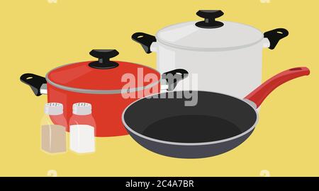 Vector Isolated Illustration of Two Pots, a Pan, Pepper and Salt Stock Vector