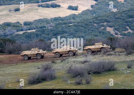 Askos, Greece - Feb 14, 2020: military personnel transport vehicles takes part at a international military exercise with real fire (Golden Fleece -20) Stock Photo