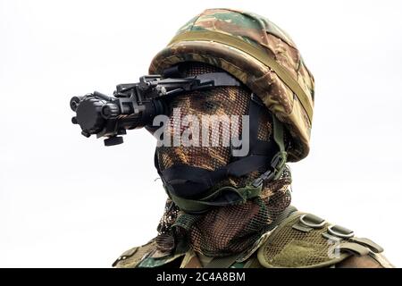 Askos, Greece - Feb 14, 2020: military commando with night vision takes part at a international military exercise with real fire (Golden Fleece -20) b Stock Photo