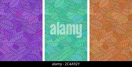 Set Seamless linear leaves pattern. Vertical plant color leaf ornament. For labels, packaging or fabric. Chaotically scattered leaves. Stock Vector