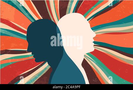 Metaphor bipolar disorder mind mental. Double face. Split personality. Concept mood disorder. Dual personality concept. 2 Head silhouette. Imagination Stock Vector