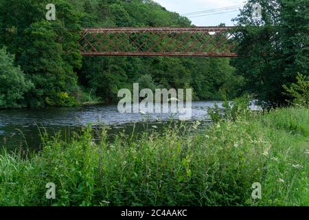 The old  long disused cast iron bridge over the River Liffey that once linked the Farmleigh Estate to a nearby mill in Palmerstown, Dublin, Ireland Stock Photo