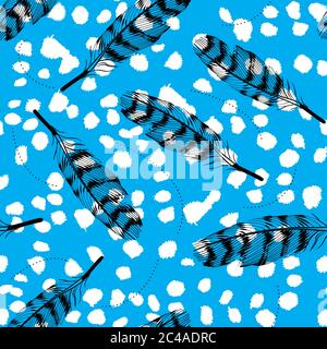 pattern of feathers in different positions on blue background Stock Vector