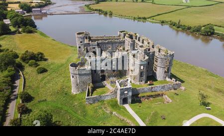 Aerial view of Carew Castle, Carew, Pembrokeshire, UK Stock Photo