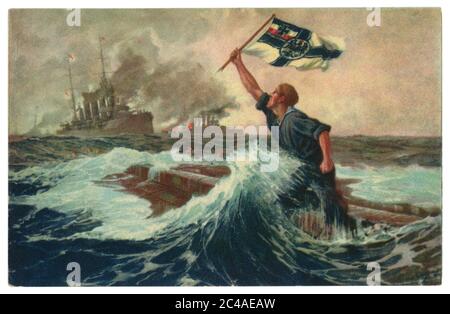 German historical postcard: A German sailor waves a flag in front of the British fleet from a sinking warship. Imperial German Navy, world war one Stock Photo