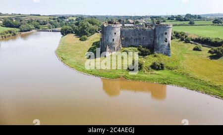 Aerial view of Carew Castle, Carew, Pembrokeshire, UK Stock Photo