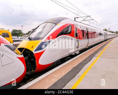 June 09th, 2020 – Retford, United Kingdom. Just one of the hundreds of fast trains, passing Retford Train Station, that run up and down the country ta Stock Photo