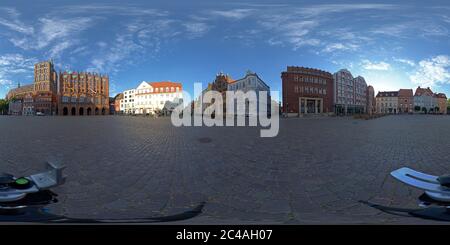 360 degree panoramic view of 360 degree photo, market square of Stralsund, Mecklenburg-West Pomerania, Germany
