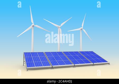 Solar Panels and Wind Turbines on a blue background. 3d Rendering Stock Photo