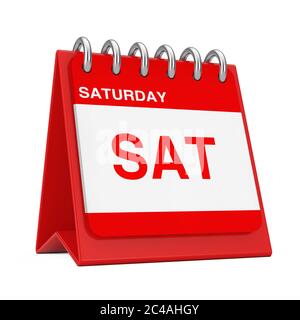 Red Desktop Calendar Icon Showing a Saturday Page on a white background. 3d Rendering Stock Photo